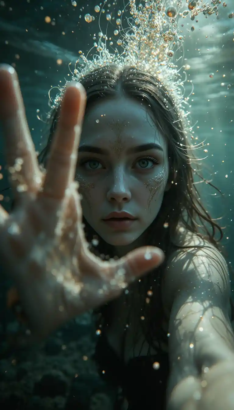 Siren woman reaching toward the camera underwater
