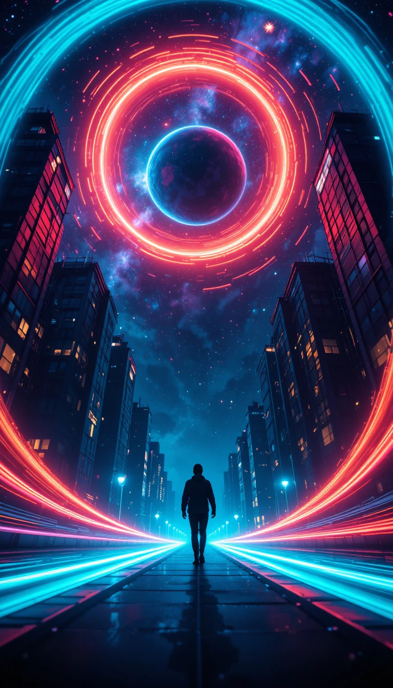 Silhouette Walking Toward Vortex In Futuristic Night City