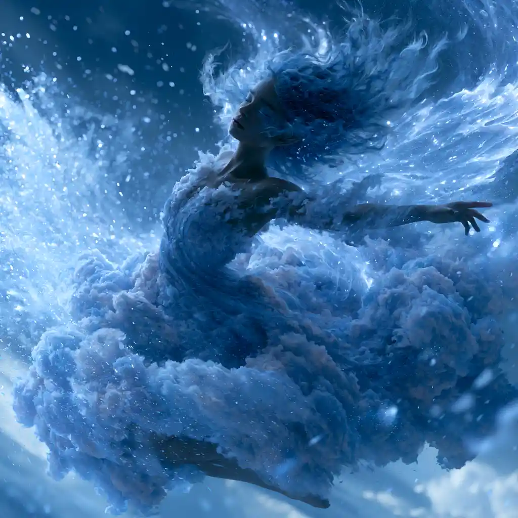 Fantasy fairy woman soaring through glowing azure sky