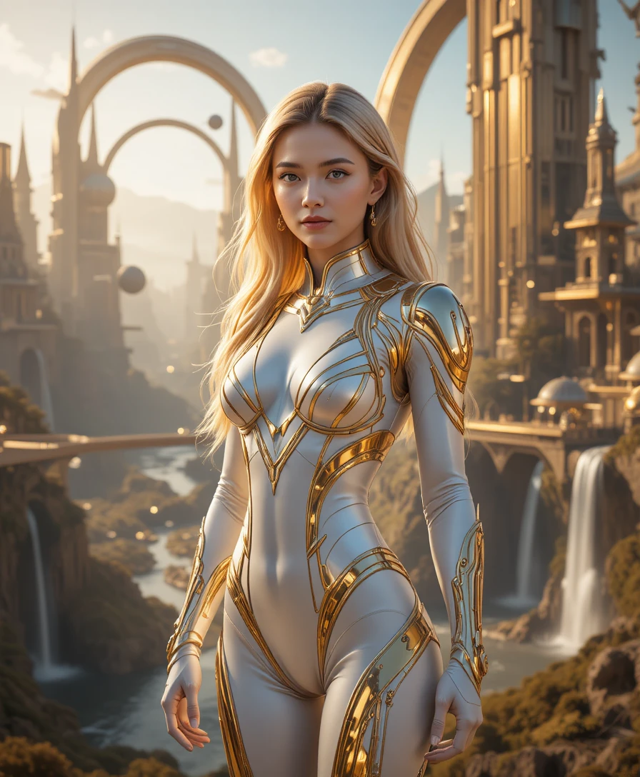 Futuristic armored woman in a glowing golden cityscape