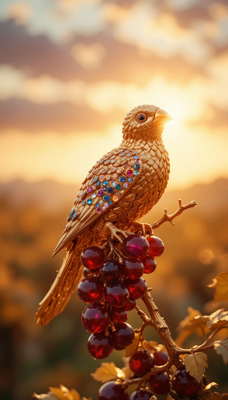 ルビーの葡萄をまとった黄金の鳥のジュエリー