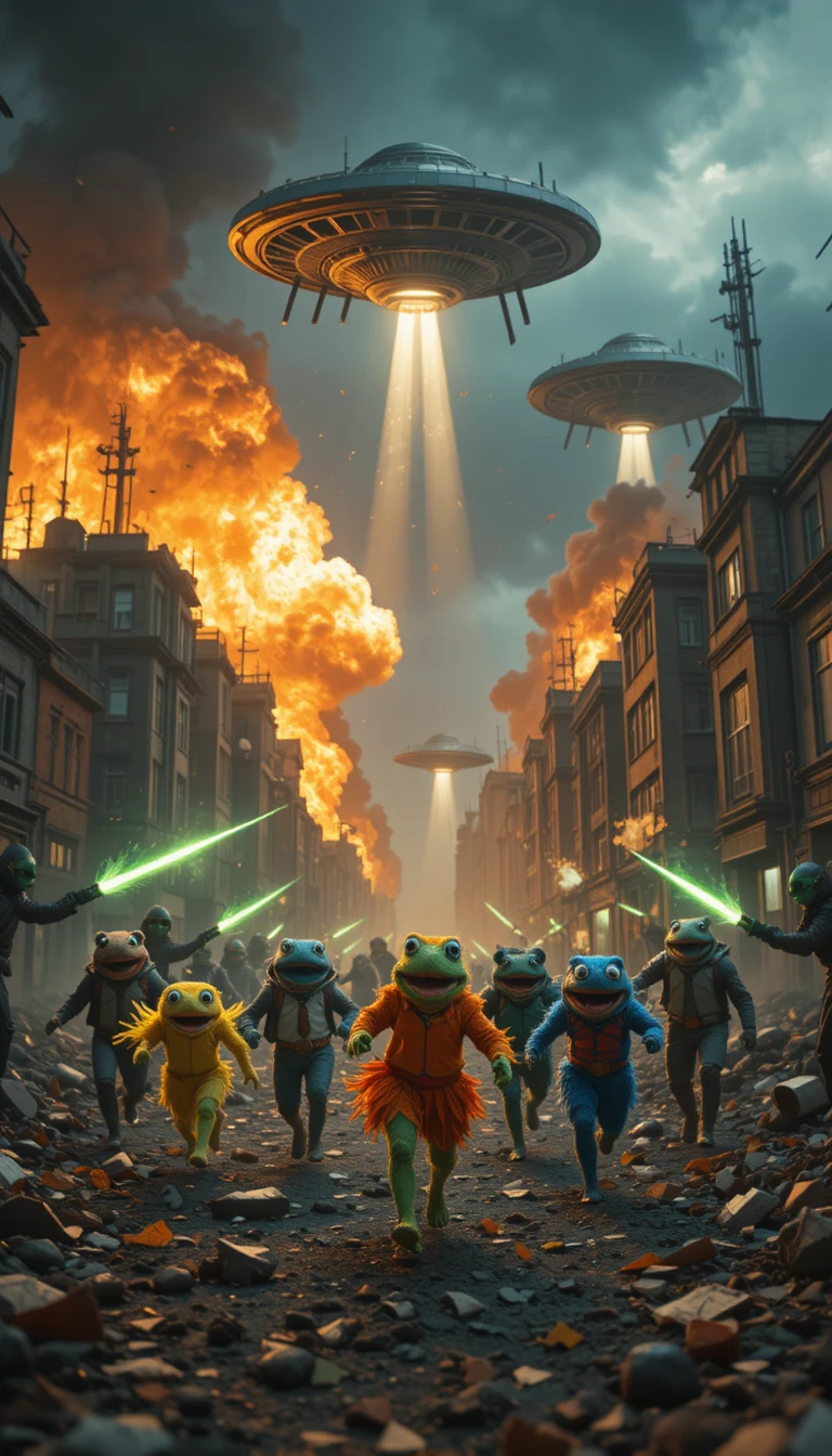 Colorful puppets flee through a burning alien invaded city street