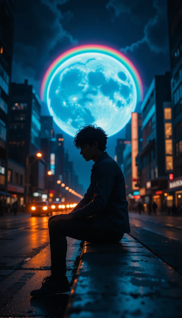 Silhouetted girl resting on a ledge before a glowing moon