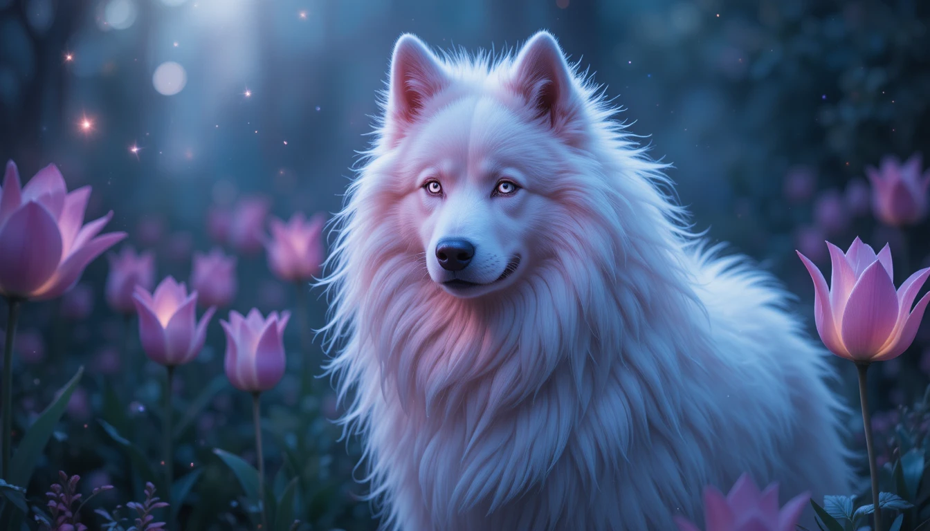 Samoyed Dog Merging With Pastel Tulip In Enchanted Garden