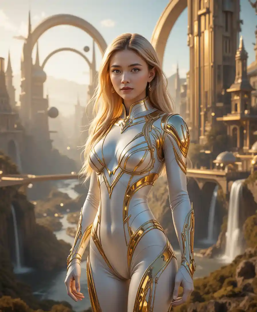 Futuristic armored woman in a glowing golden cityscape