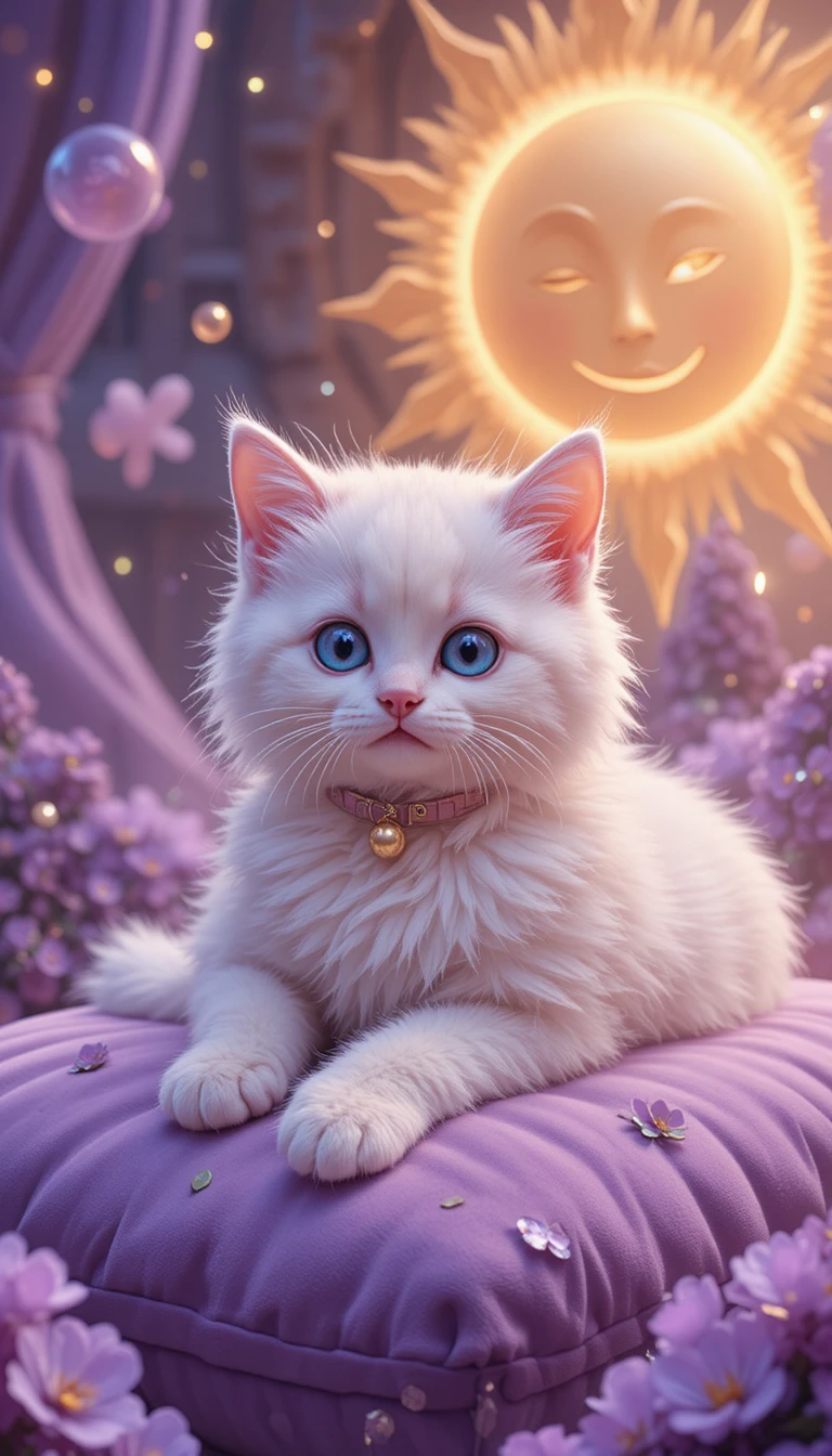 White kitten on purple velvet pillow in magical fantasy scene