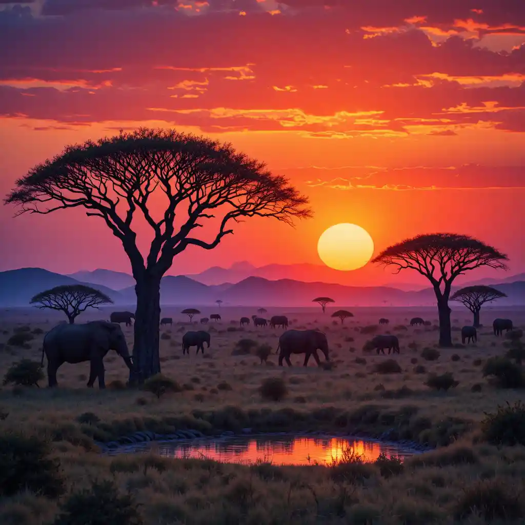 African savannah sunset with wildlife around a calm waterhole
