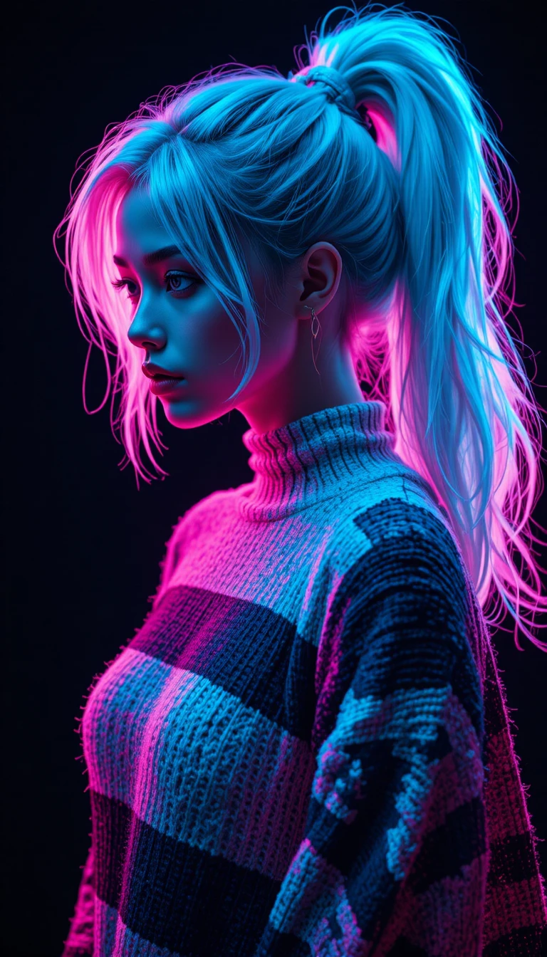 Neon rim lit portrait of a woman in a textured sweater
