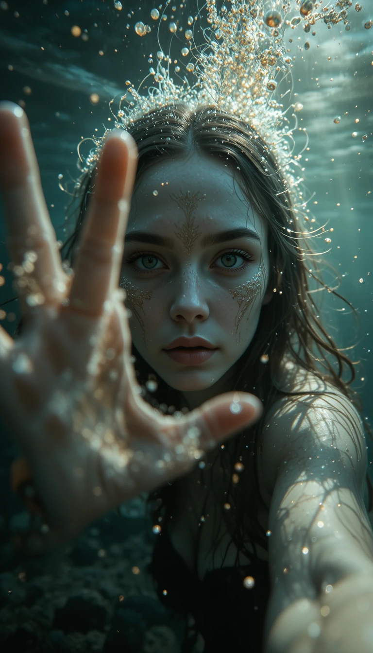 Siren woman reaching toward the camera underwater