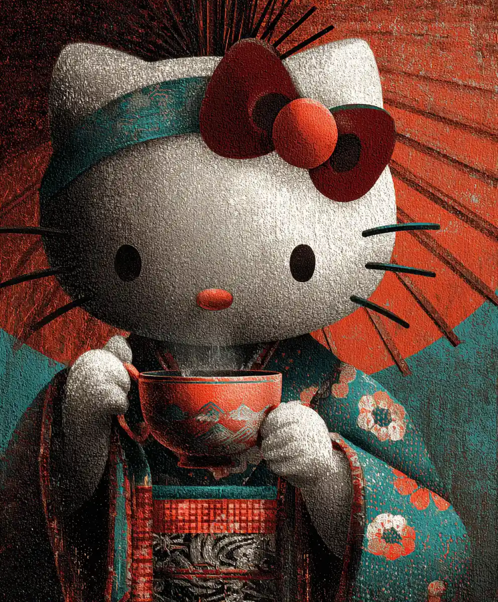 Hello Kitty geisha sipping coffee in surreal closeup portrait