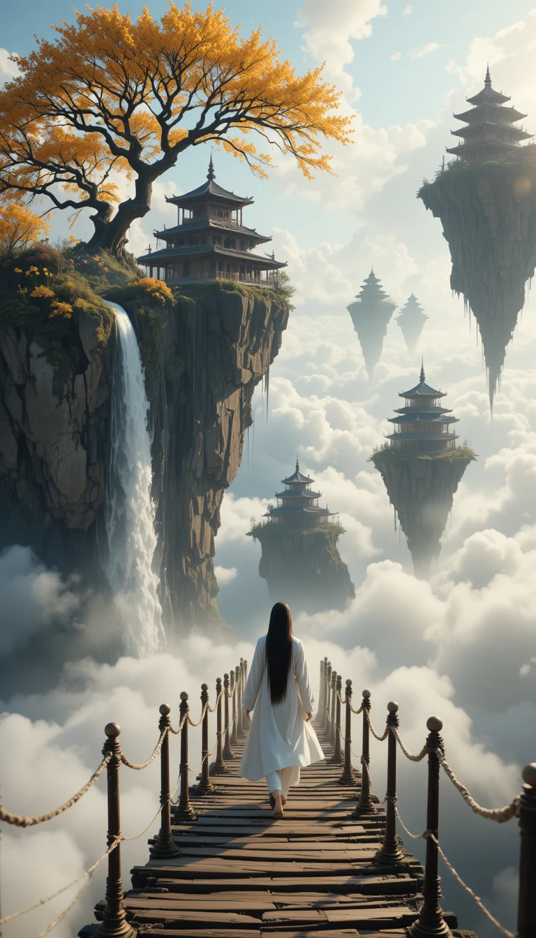 Floating pagoda kingdom above clouds with lone robed traveler