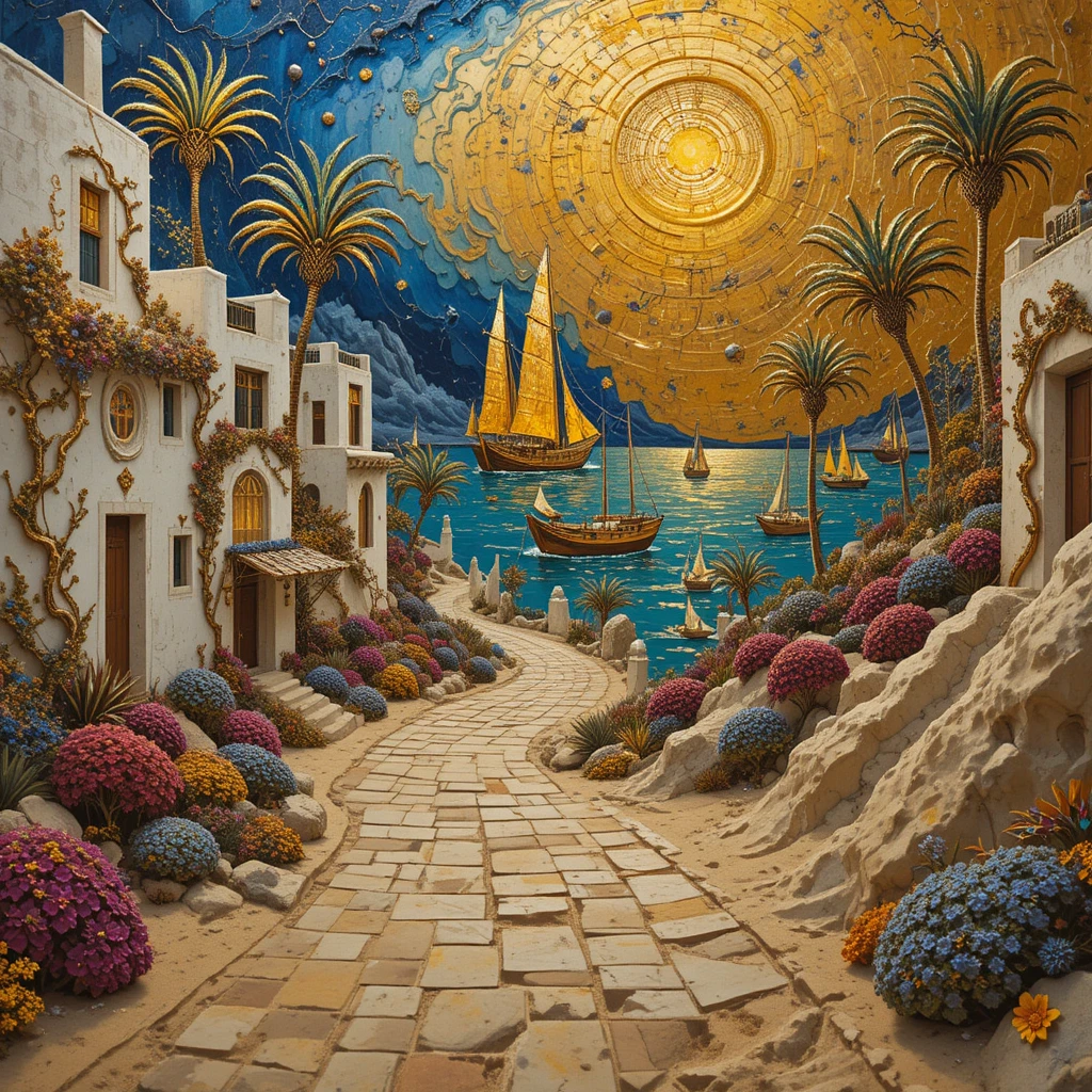 Surreal Mediterranean alley of wax and gold leading to sea