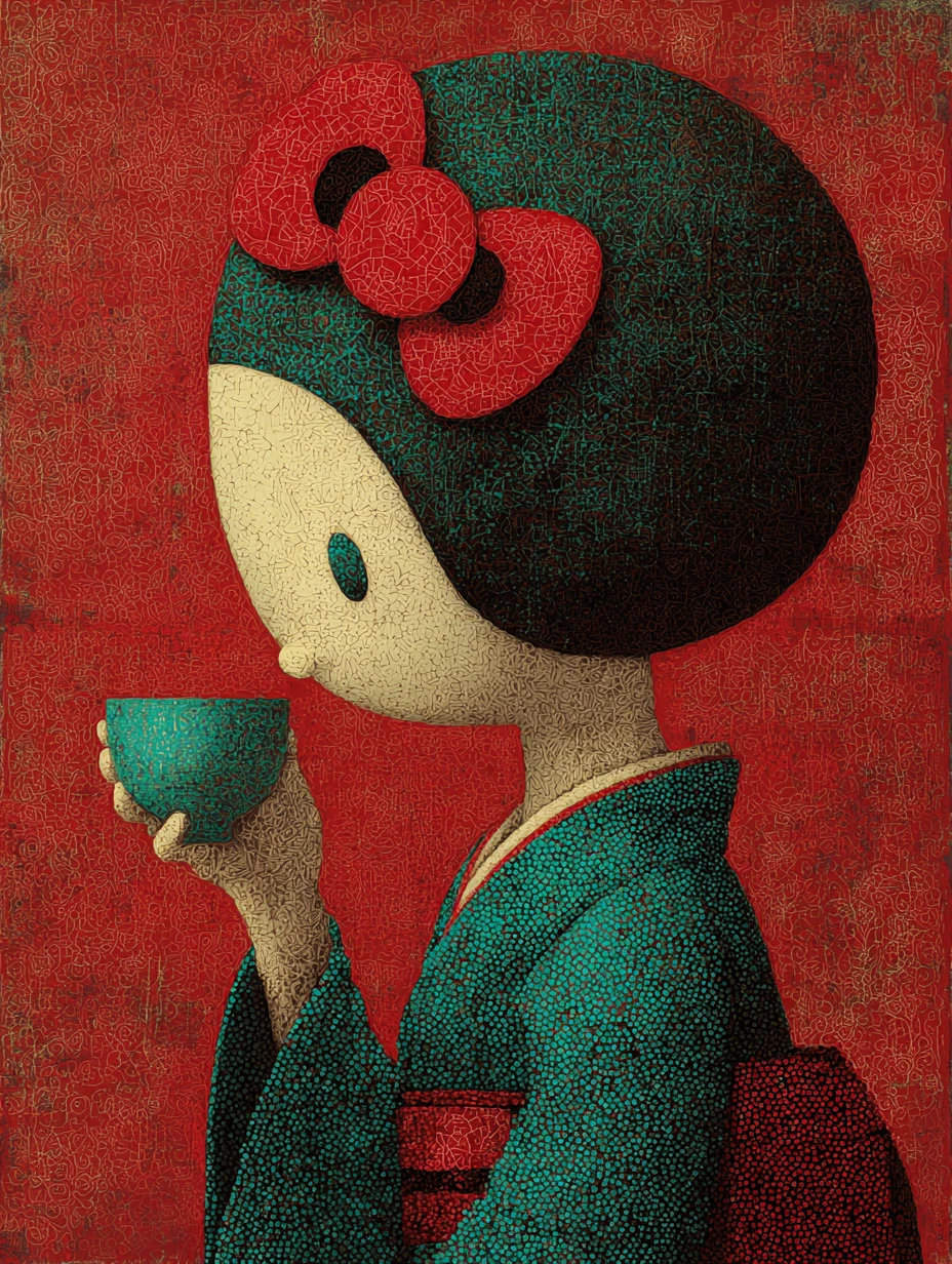 Surreal geisha inspired Hello Kitty sipping coffee portrait