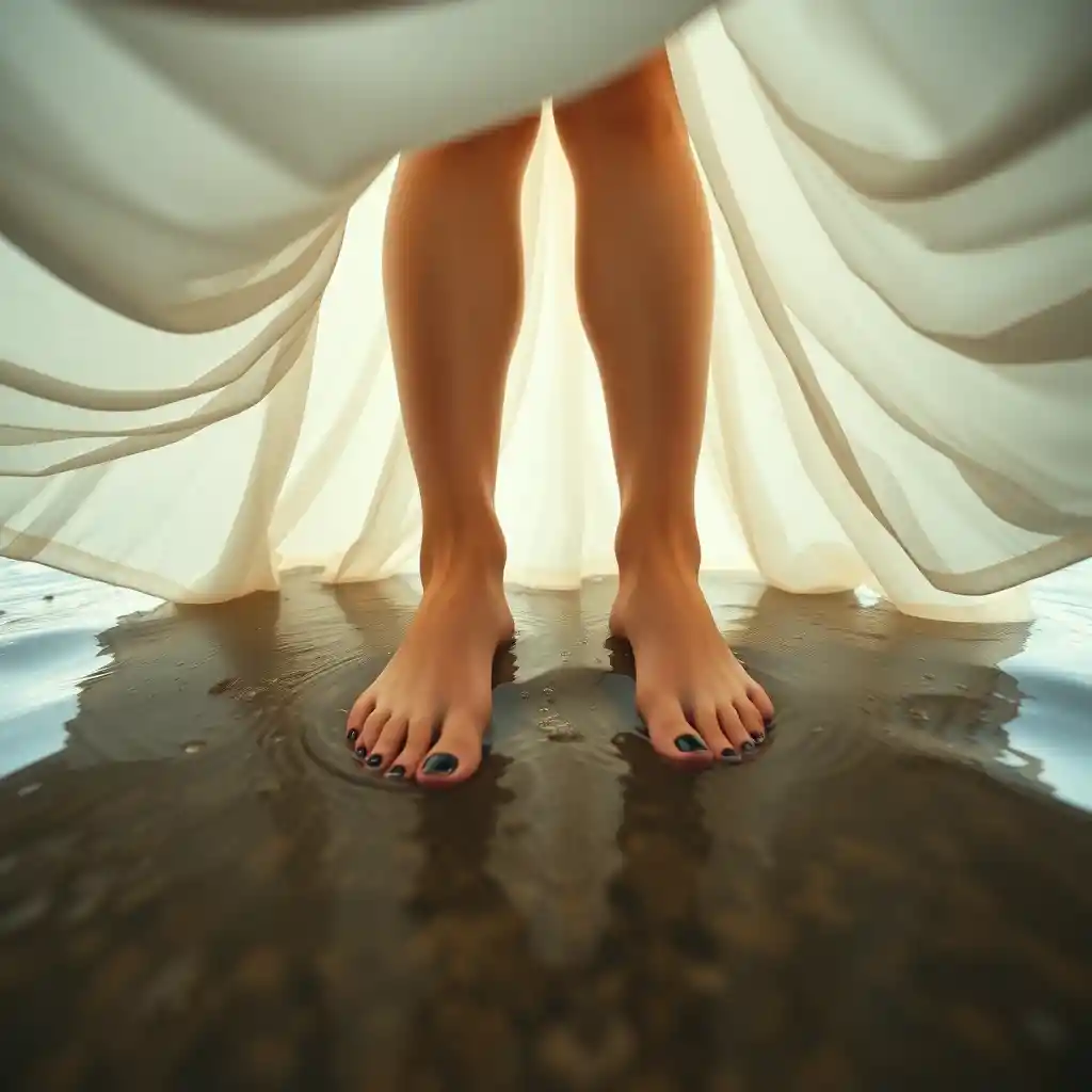 Low angle view beneath woman standing barefoot in water