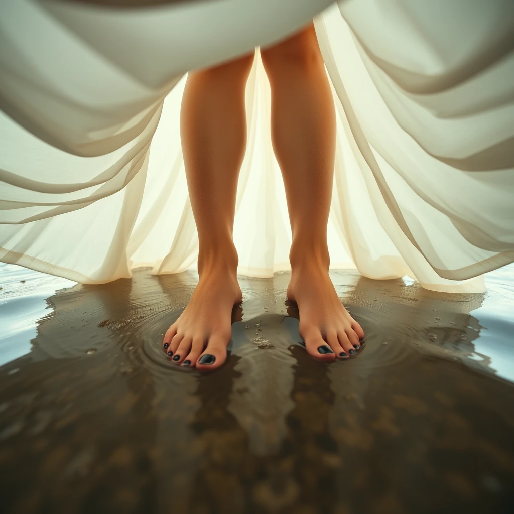 Low angle view beneath woman standing barefoot in water