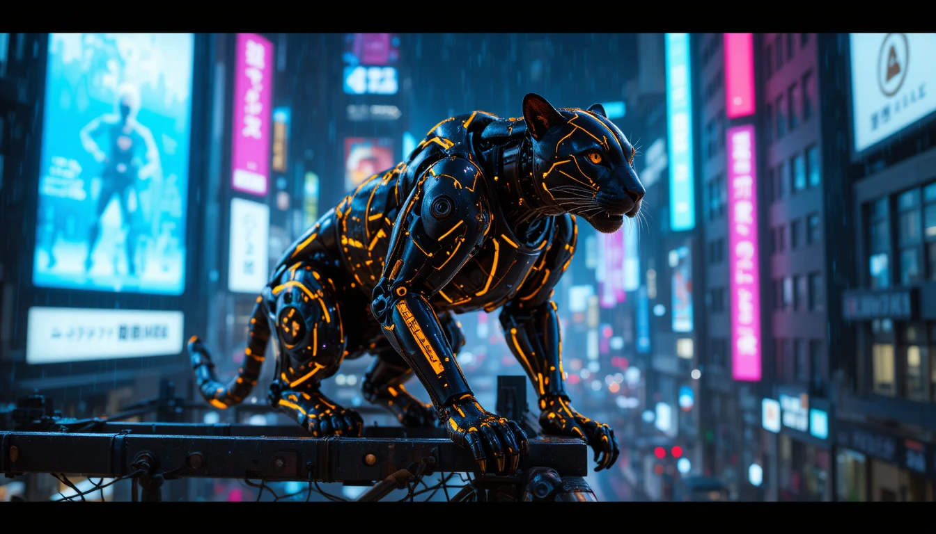 Cybernetic leopard on neon scaffolding above rainy Tokyo