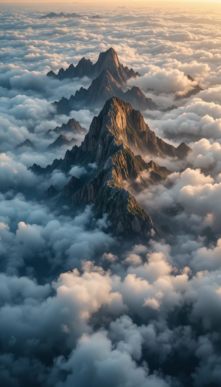 Aerial view of mountains rising above glowing white clouds