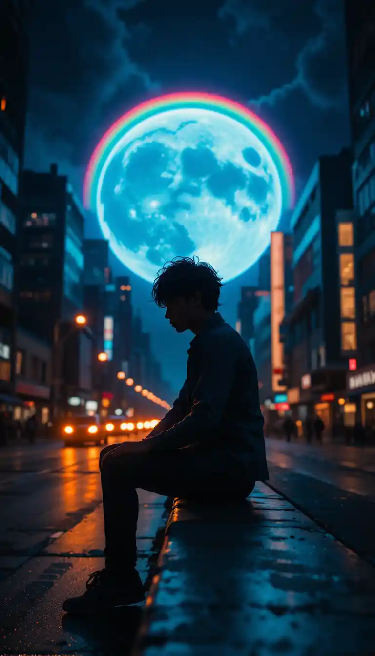 Silhouetted girl resting on a ledge before a glowing moon