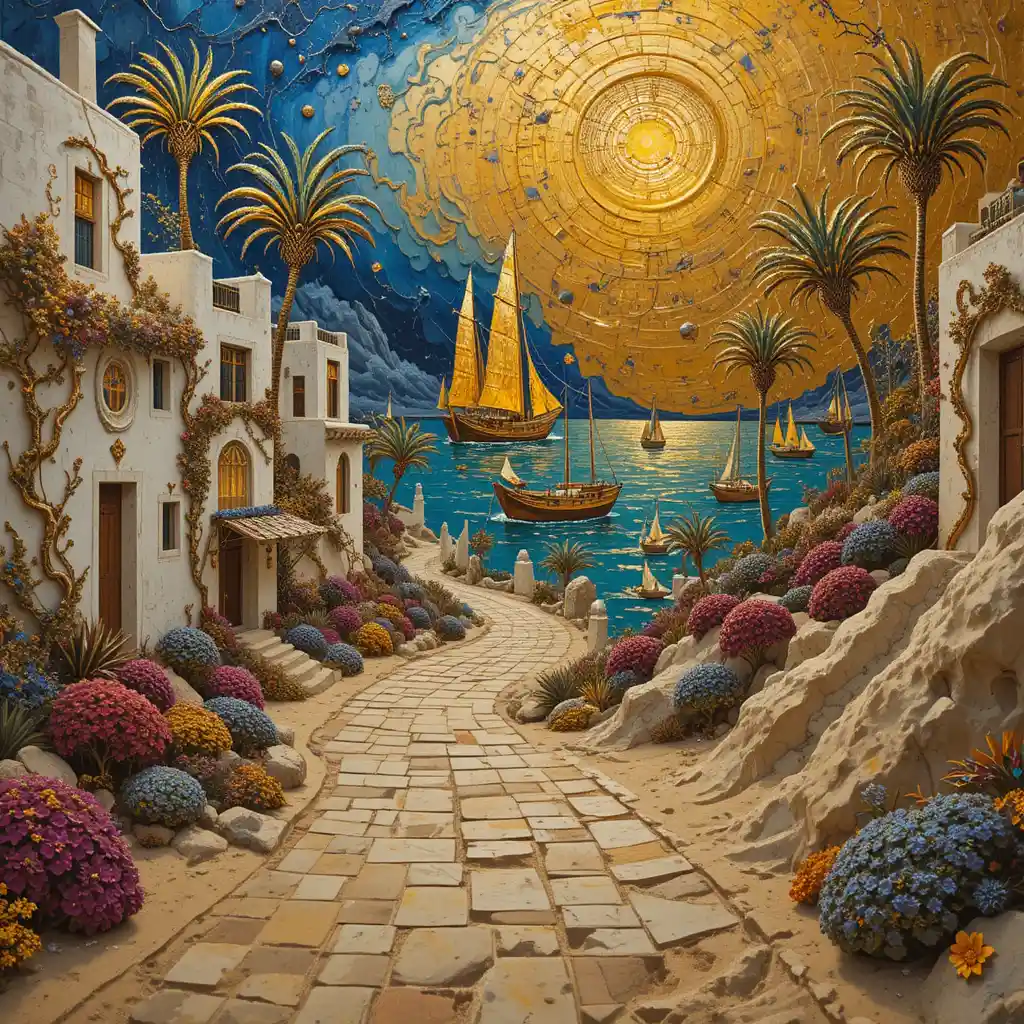 Surreal Mediterranean alley of wax and gold leading to sea