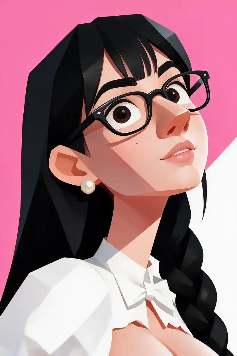 Geometric 3D caricature portrait looking upward on pink background