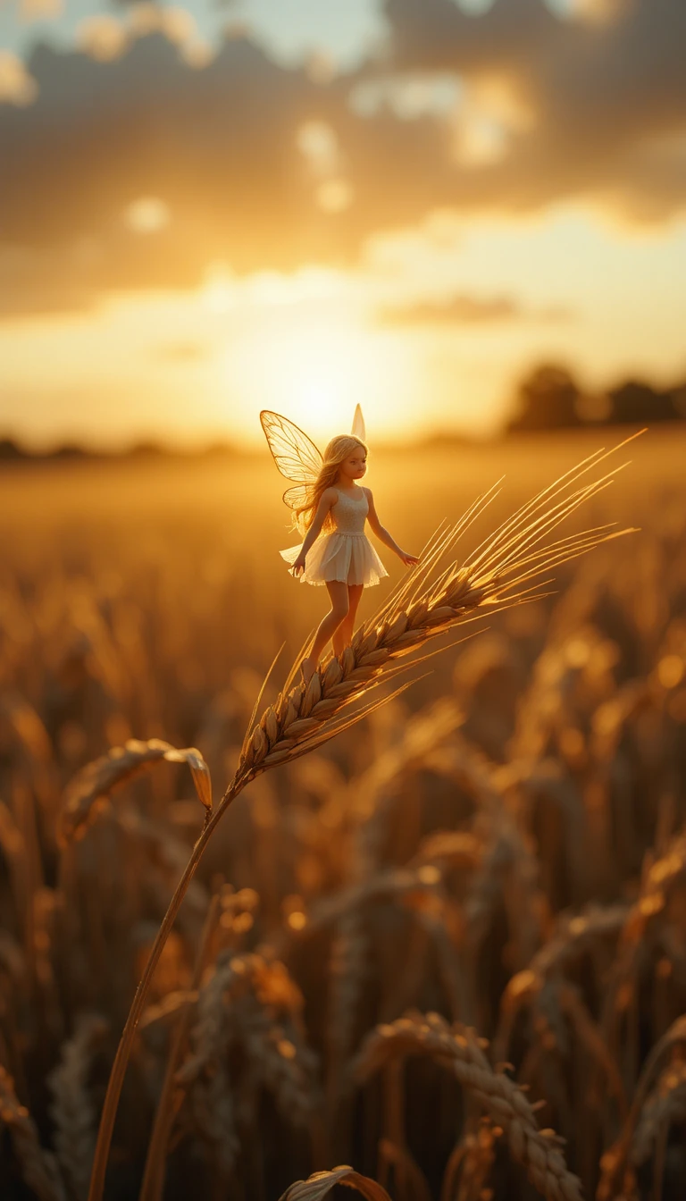 Tiny fairy hovering over wheat in golden sunset light