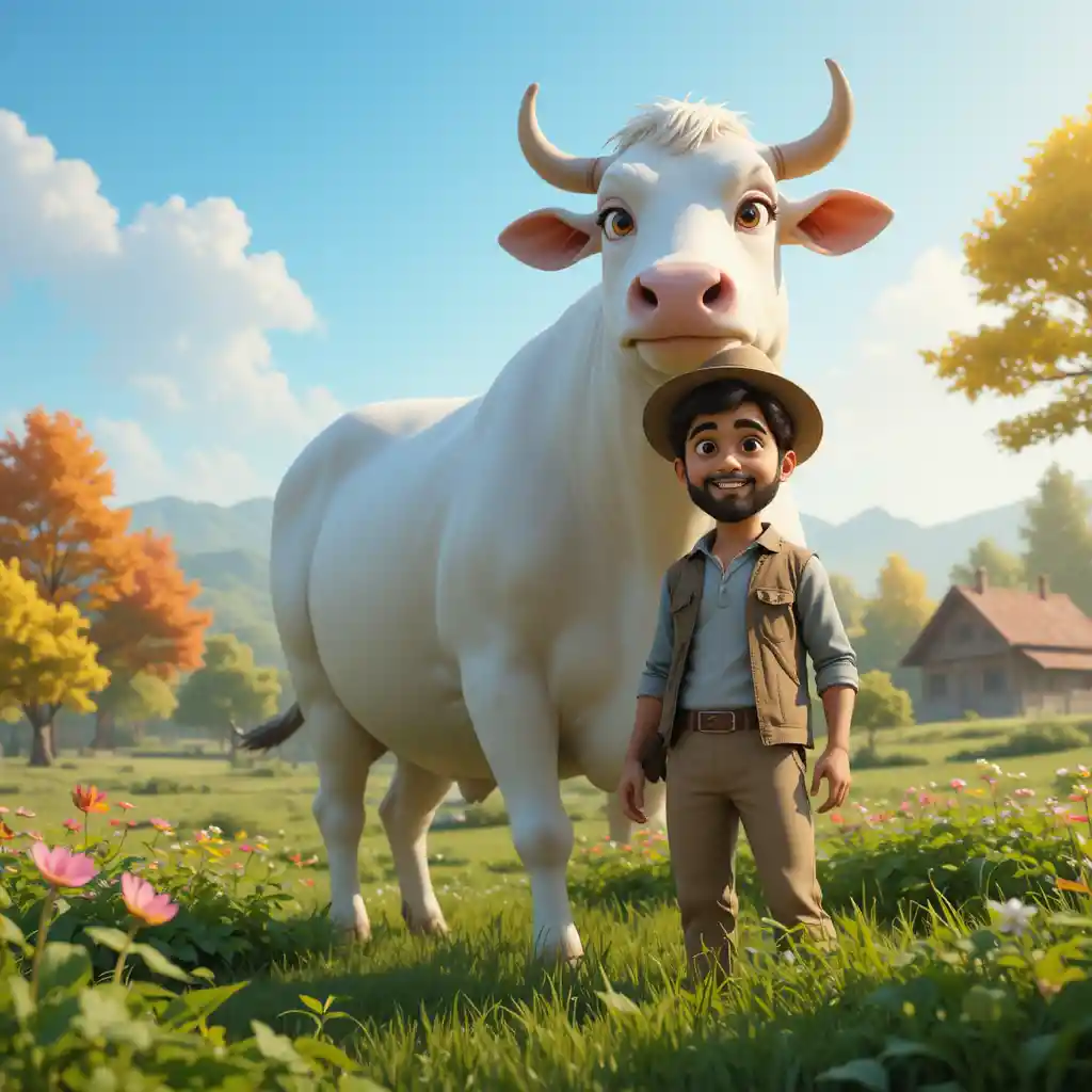Happy farmer with giant white cow in green village farm