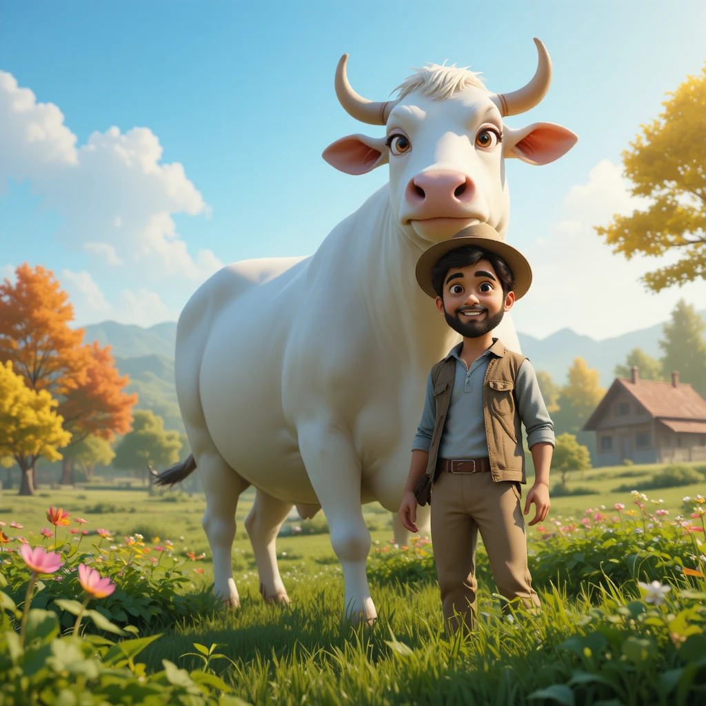 Happy farmer with giant white cow in green village farm