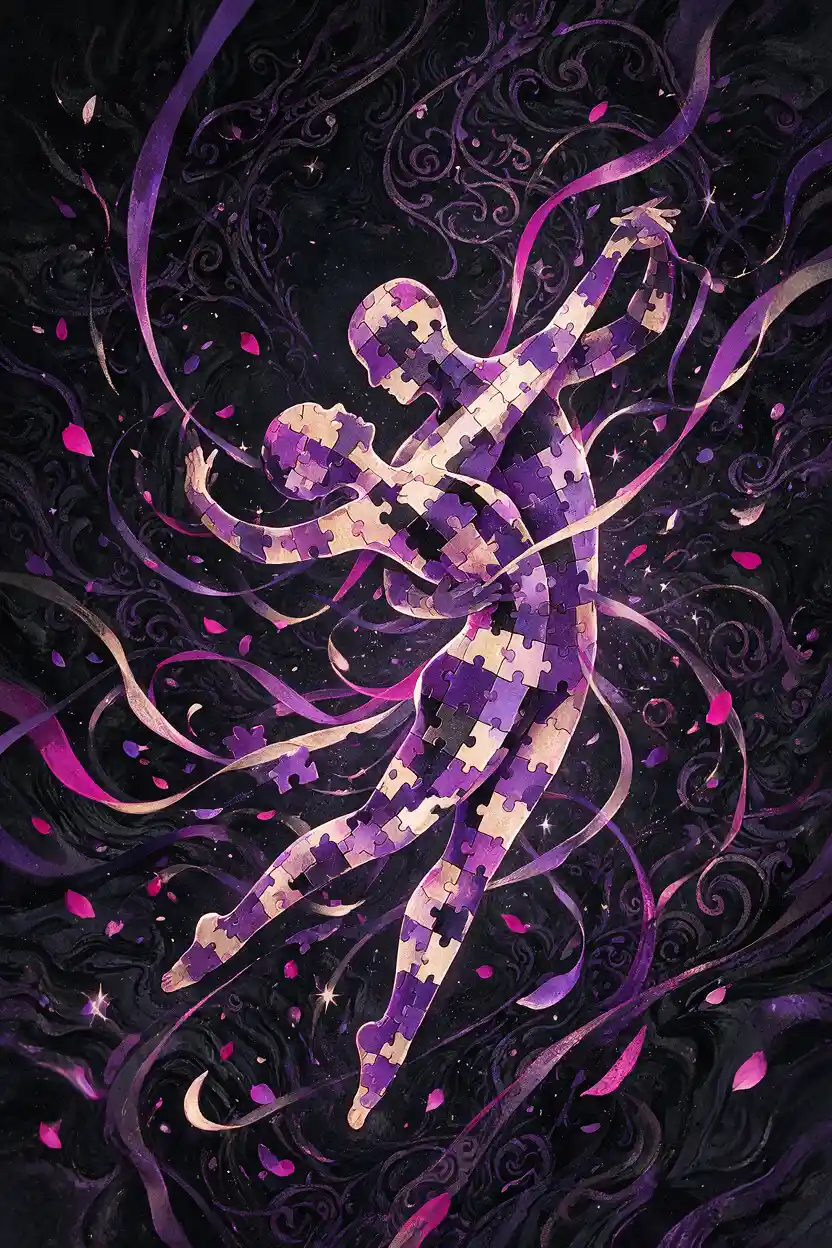 Abstract jigsaw silhouettes aligned in cosmic violet glow