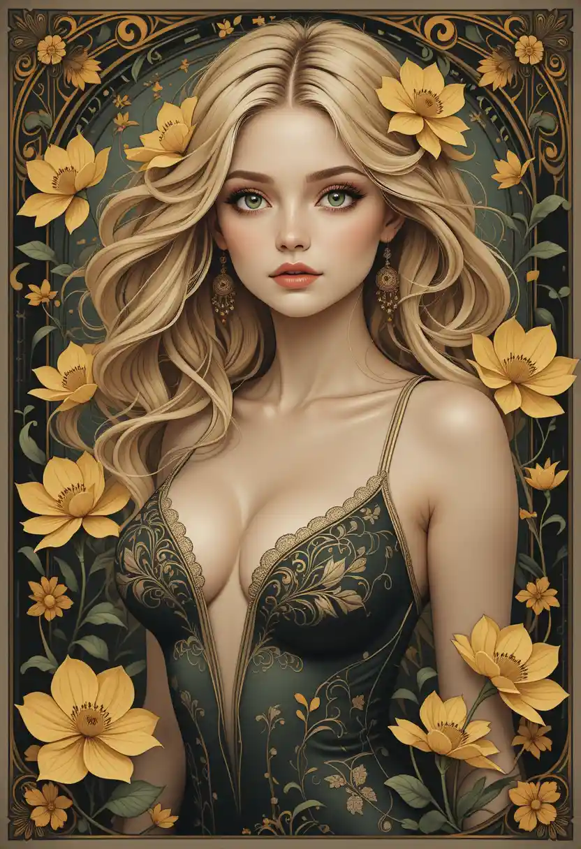 Whimsical art nouveau close up of a floral blonde woman