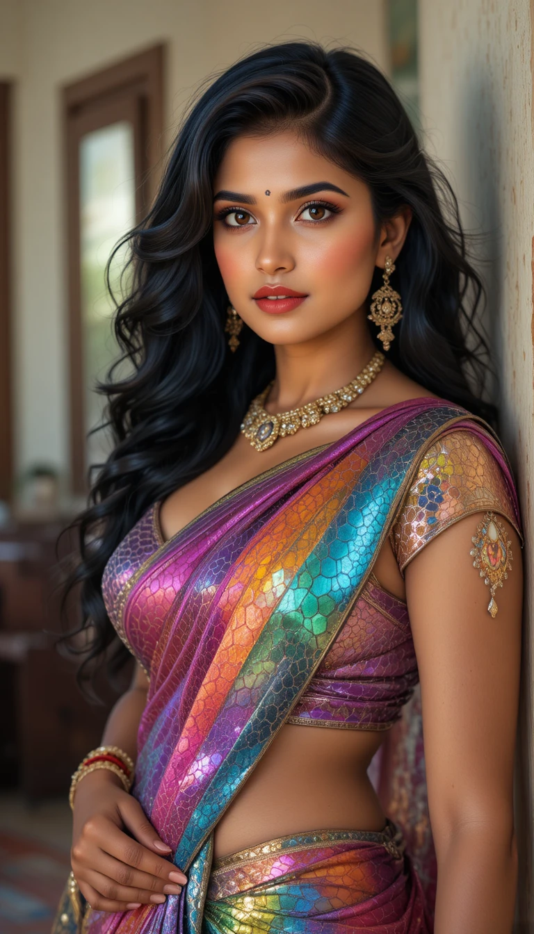 Indian woman in glossy saree leaning and posing indoors