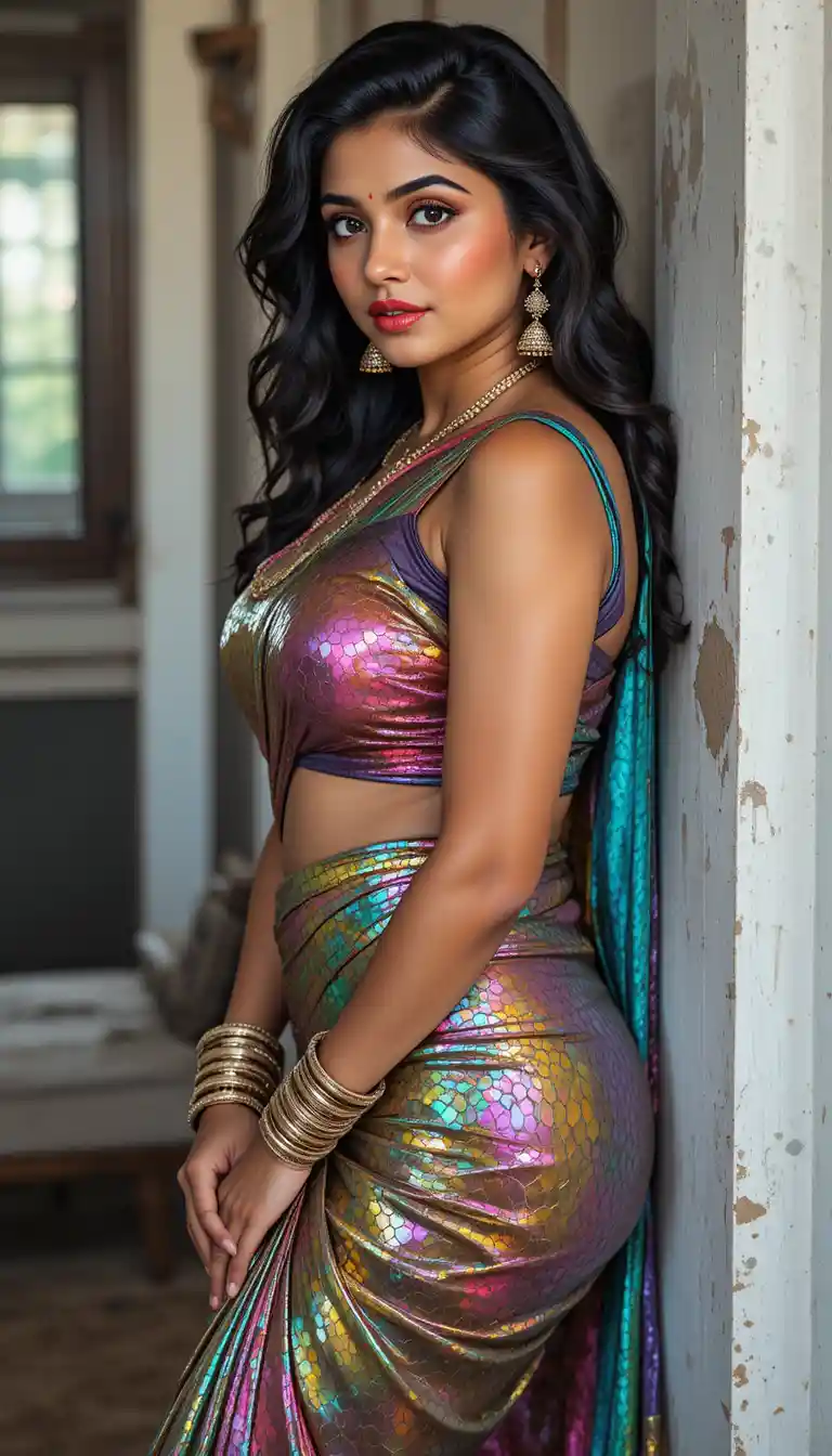 Indian woman in glossy mirror saree bending at the waist