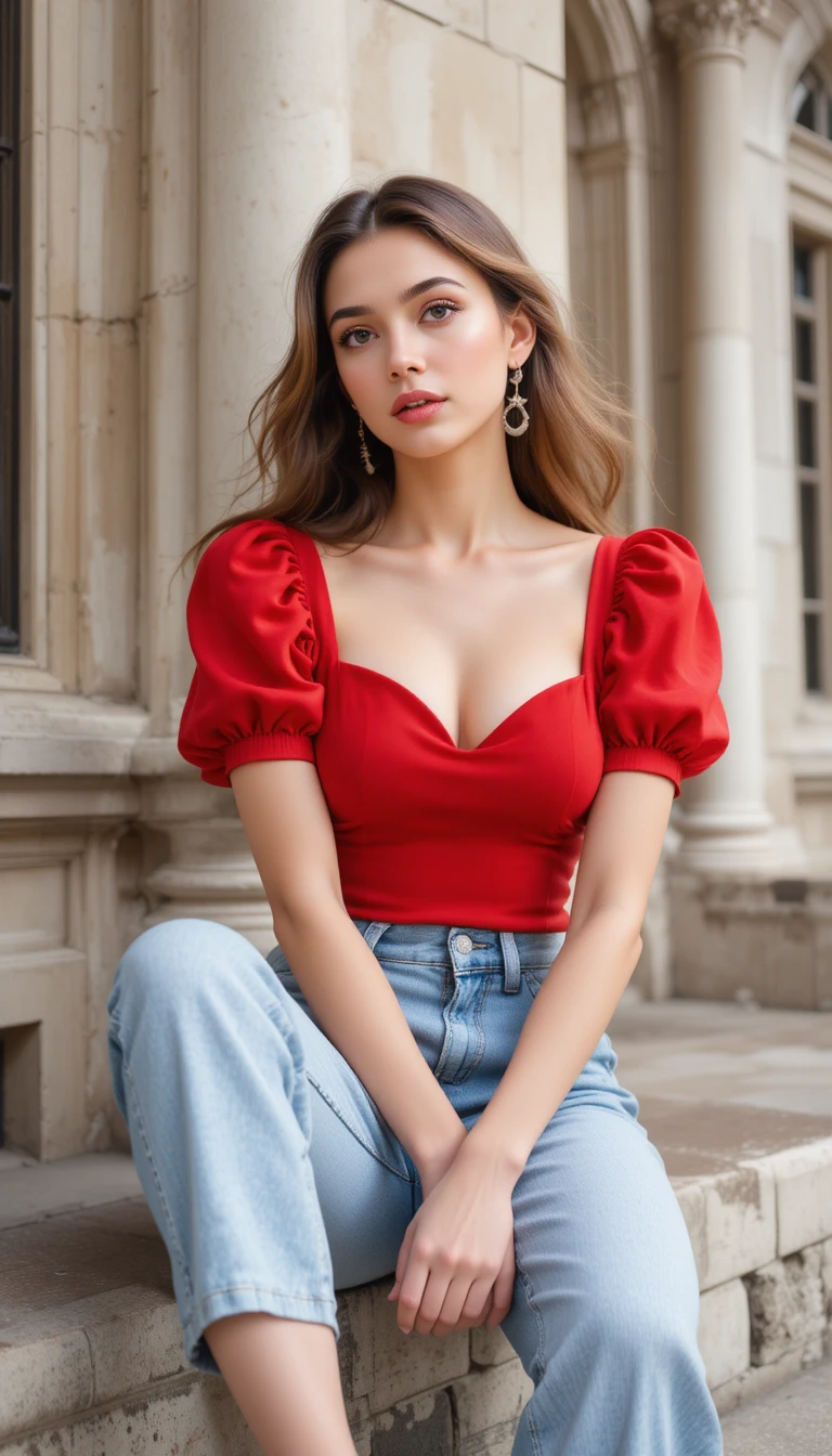 Woman in red puff sleeve top seated in light jeans