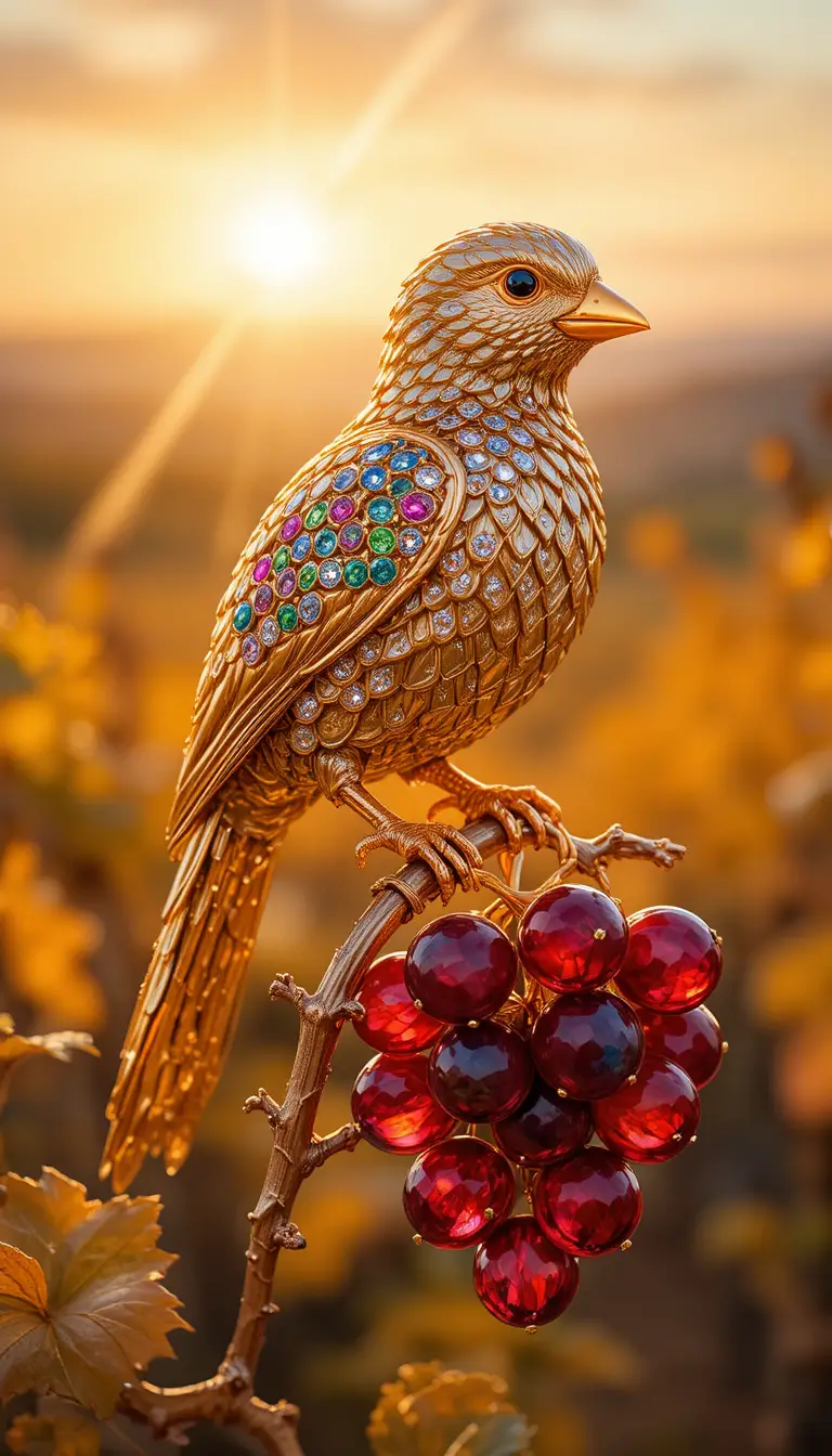 Golden bird jewelry with ruby gemstone grape cluster