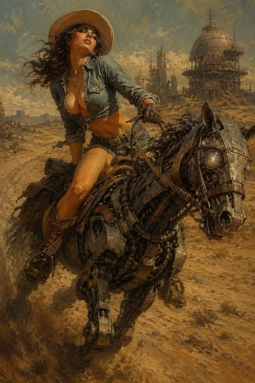 Cowgirl riding a mechanical horse through desert dust