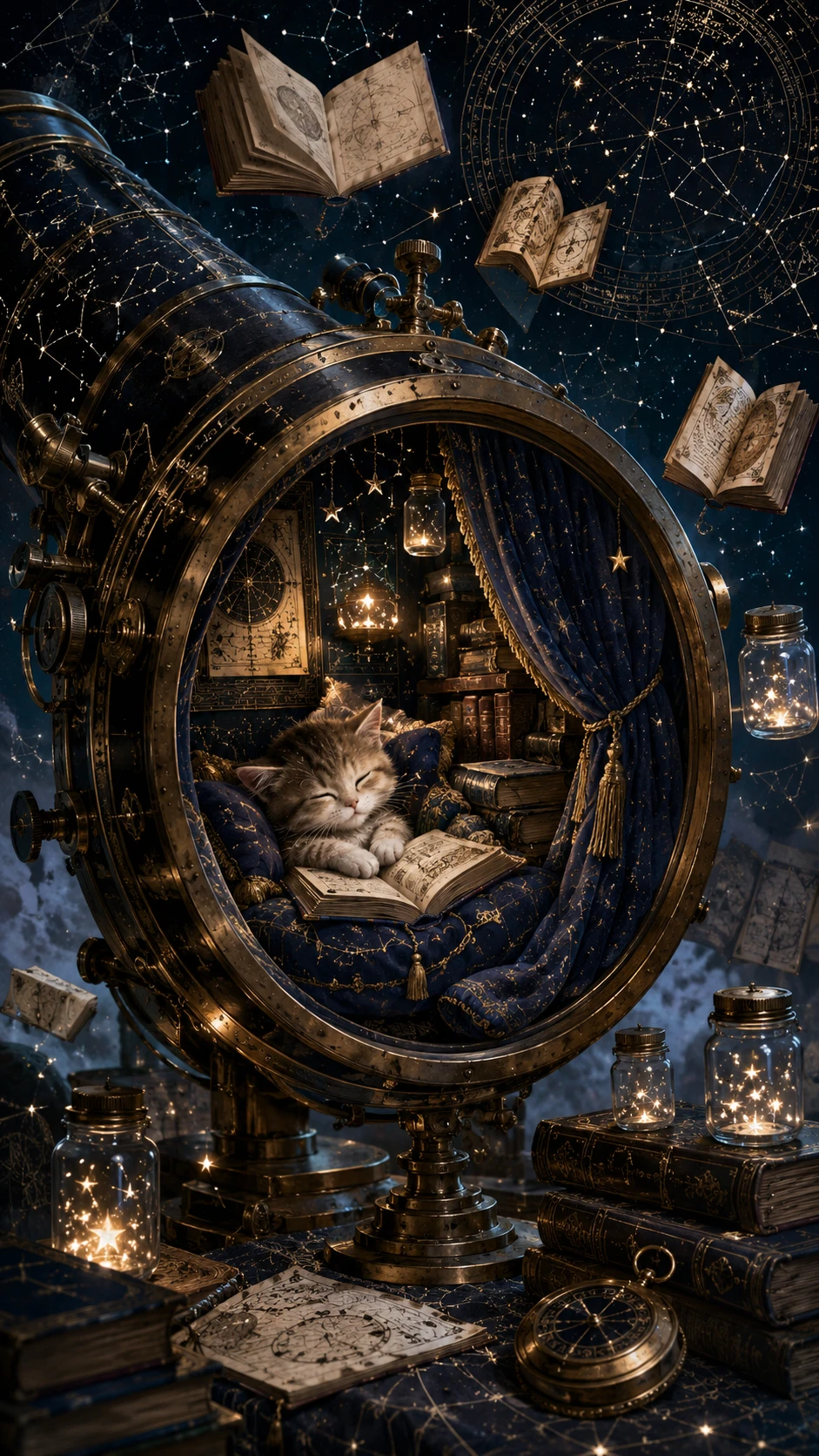 Gatito somnoliento en un rincón de lectura mágico dentro de un telescopio
