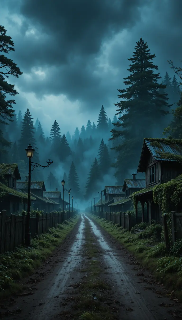 Lonely dirt road leading into an abandoned forest village