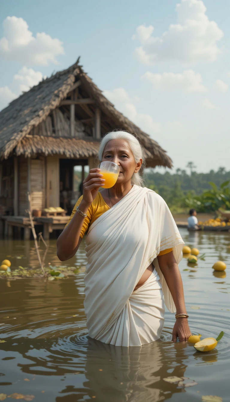 Elderly woman drinking mango juice in a rural pond