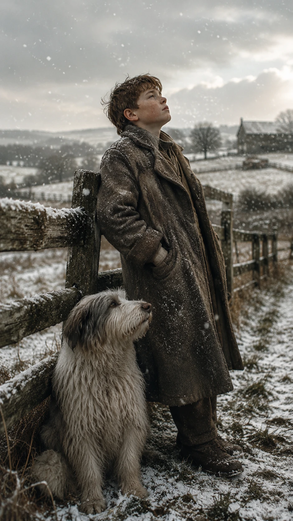 Farm boy and sheepdog at a quiet first winter snowfall