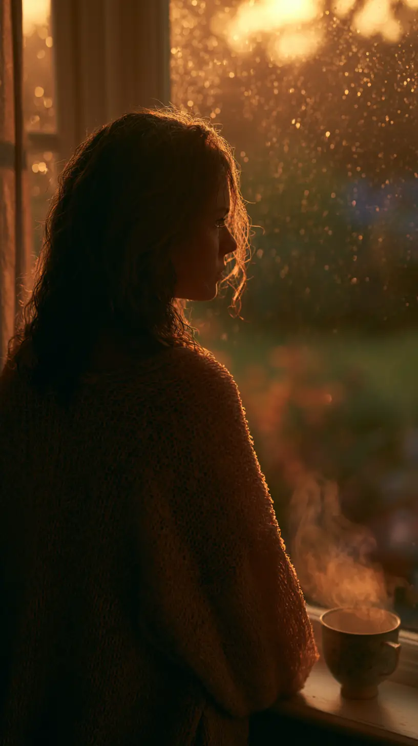 Chica junto a una ventana empapada de lluvia con cálida luz al atardecer