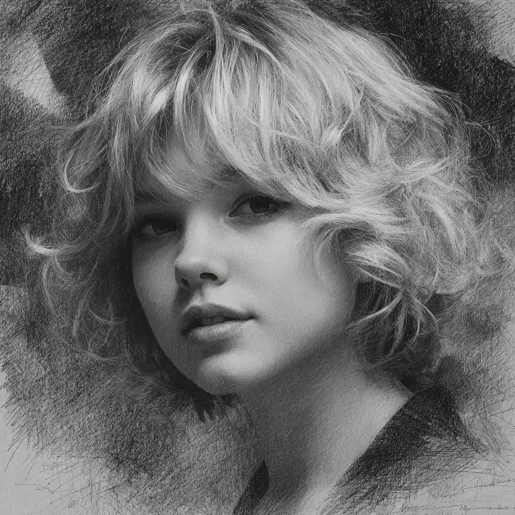 Graphite portrait of a young blonde woman with soft background