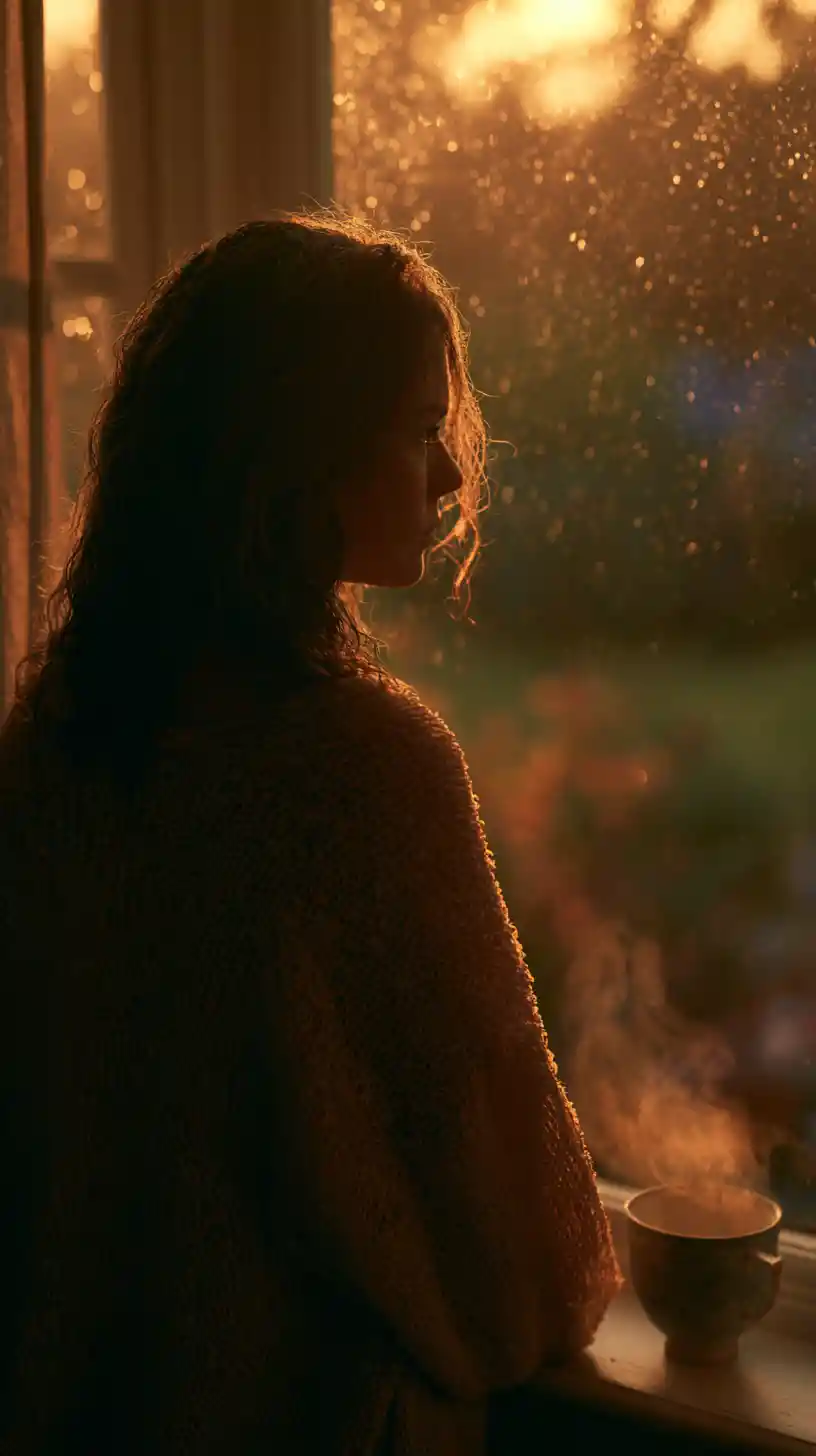Girl by a rain soaked window in warm evening light