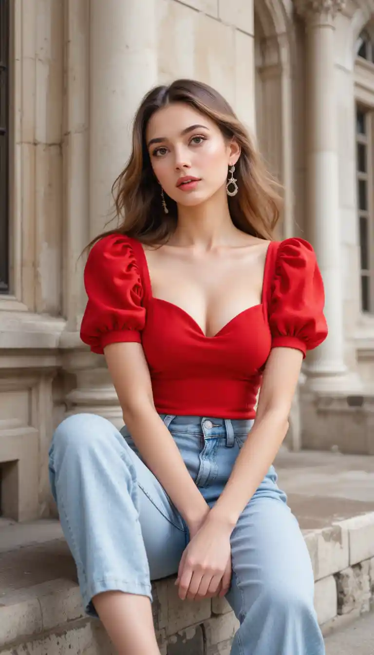 Woman in red puff sleeve top seated in light jeans