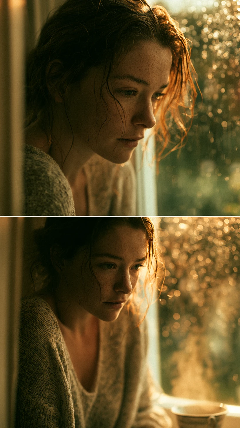 Girl by rainy window with warm golden hour light