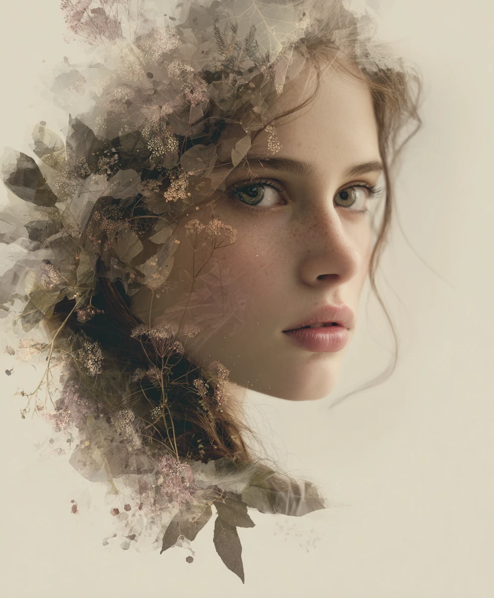 Retrato etéreo de una chica fusionándose con flores silvestres
