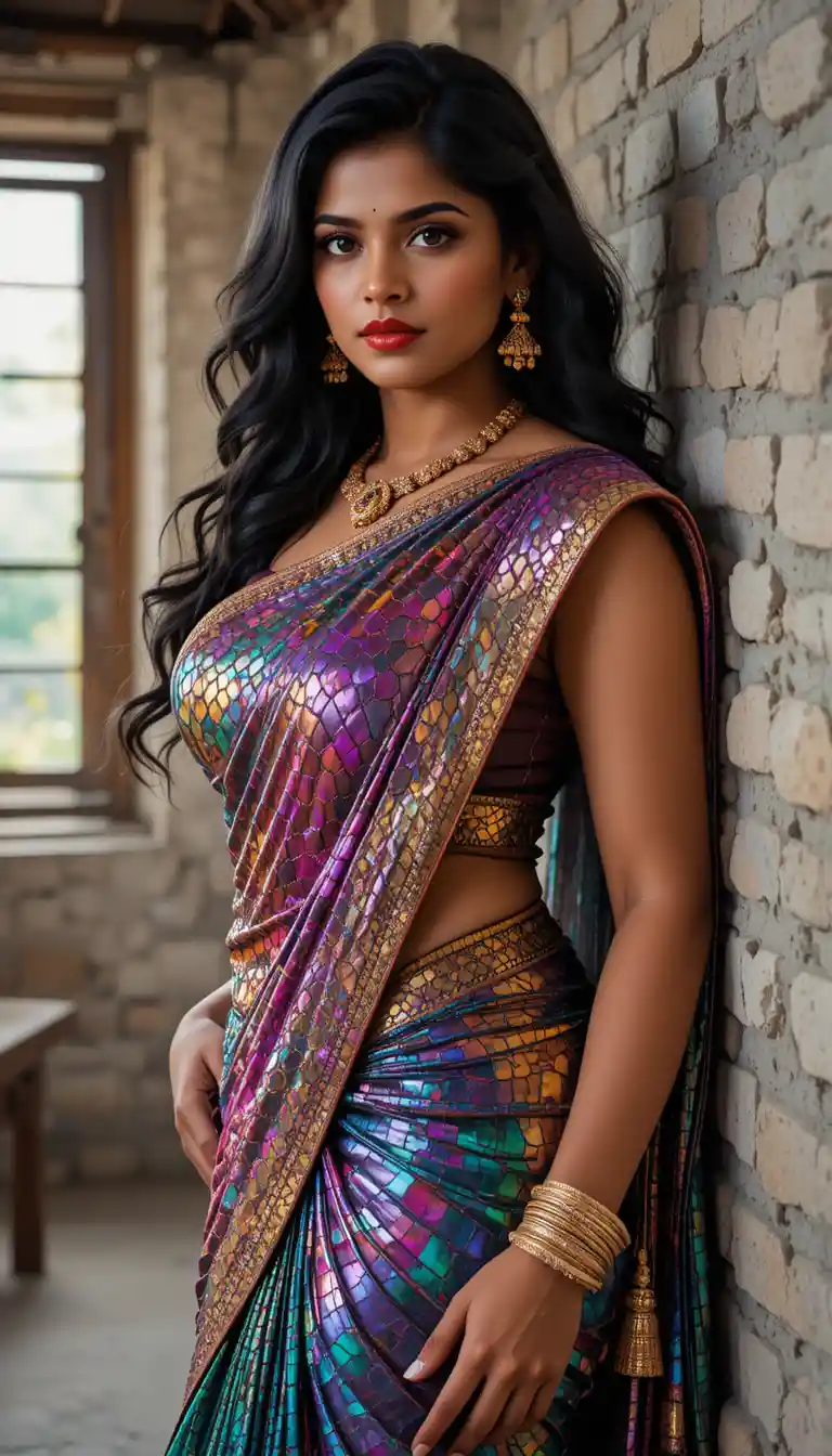 Indian woman in glossy mirror saree bending at the waist