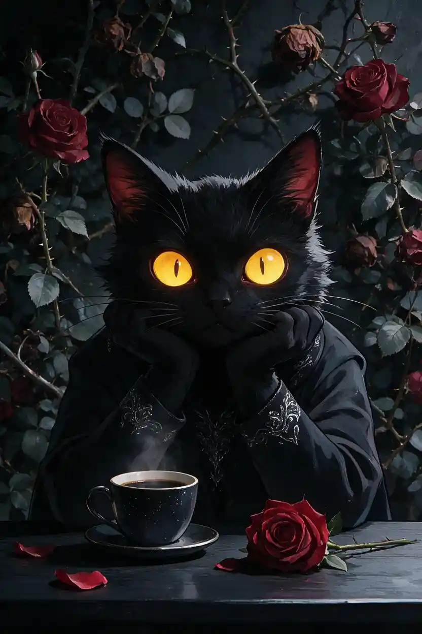 Gatto nero antropomorfo a un tavolo con caffè e rosa