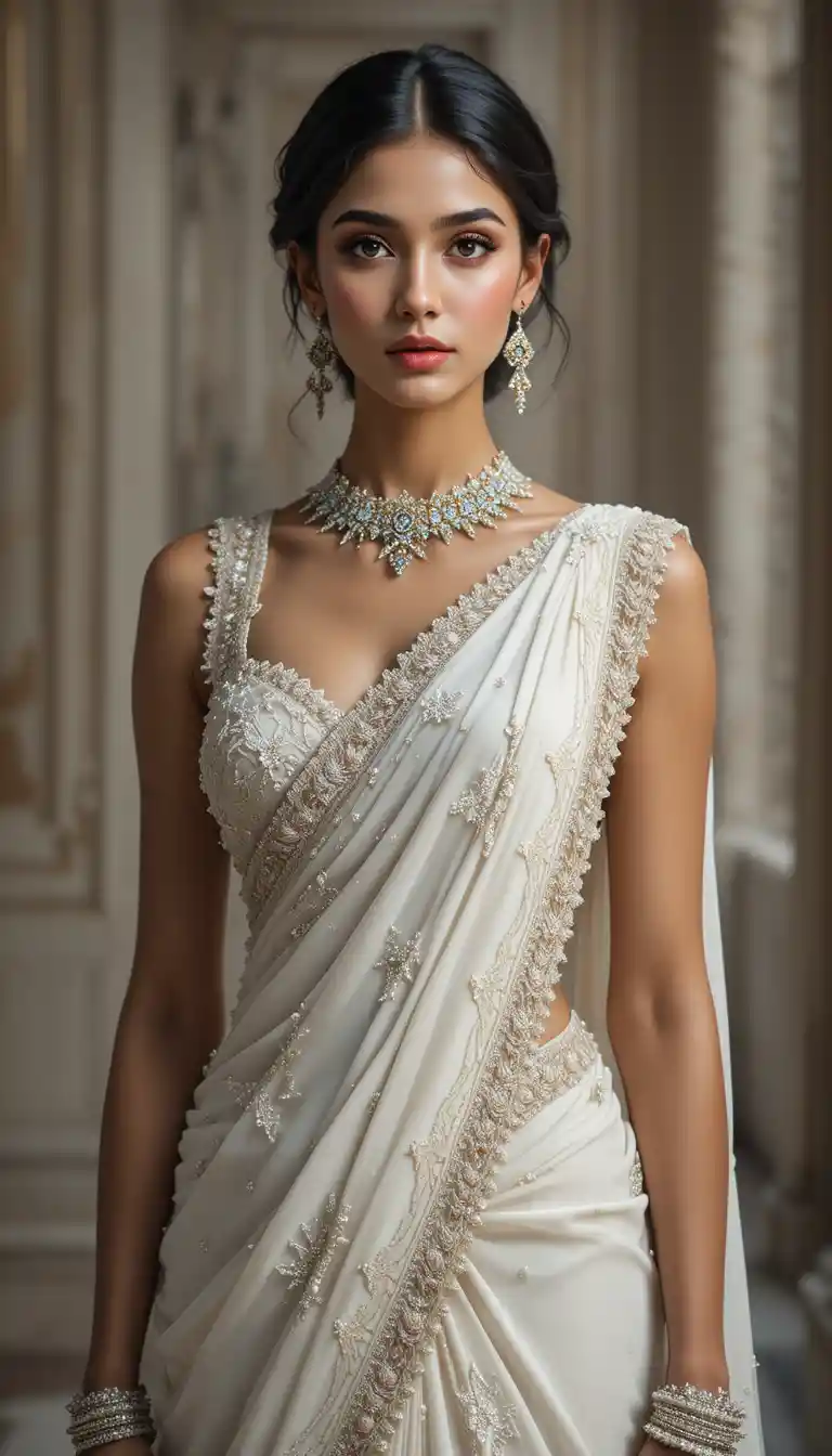 Elegant woman in ivory saree portrait on center stage