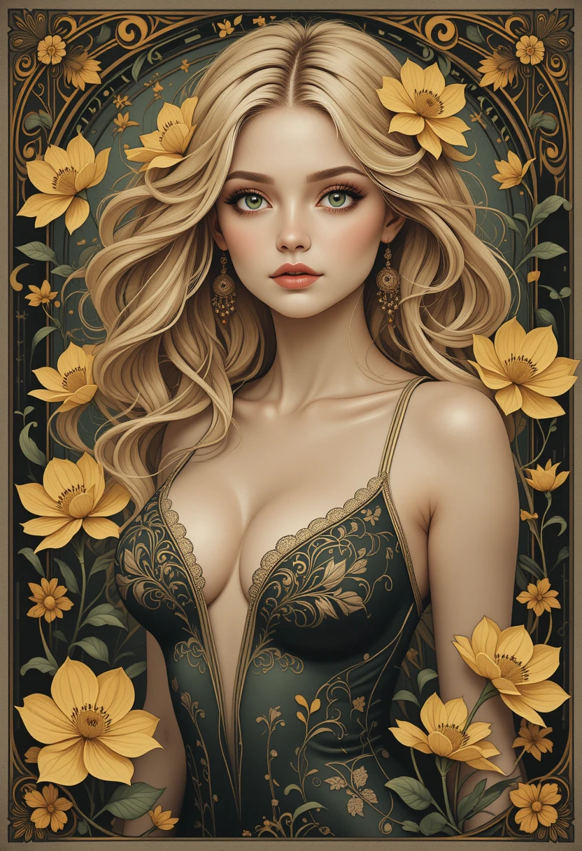 Whimsical art nouveau close up of a floral blonde woman