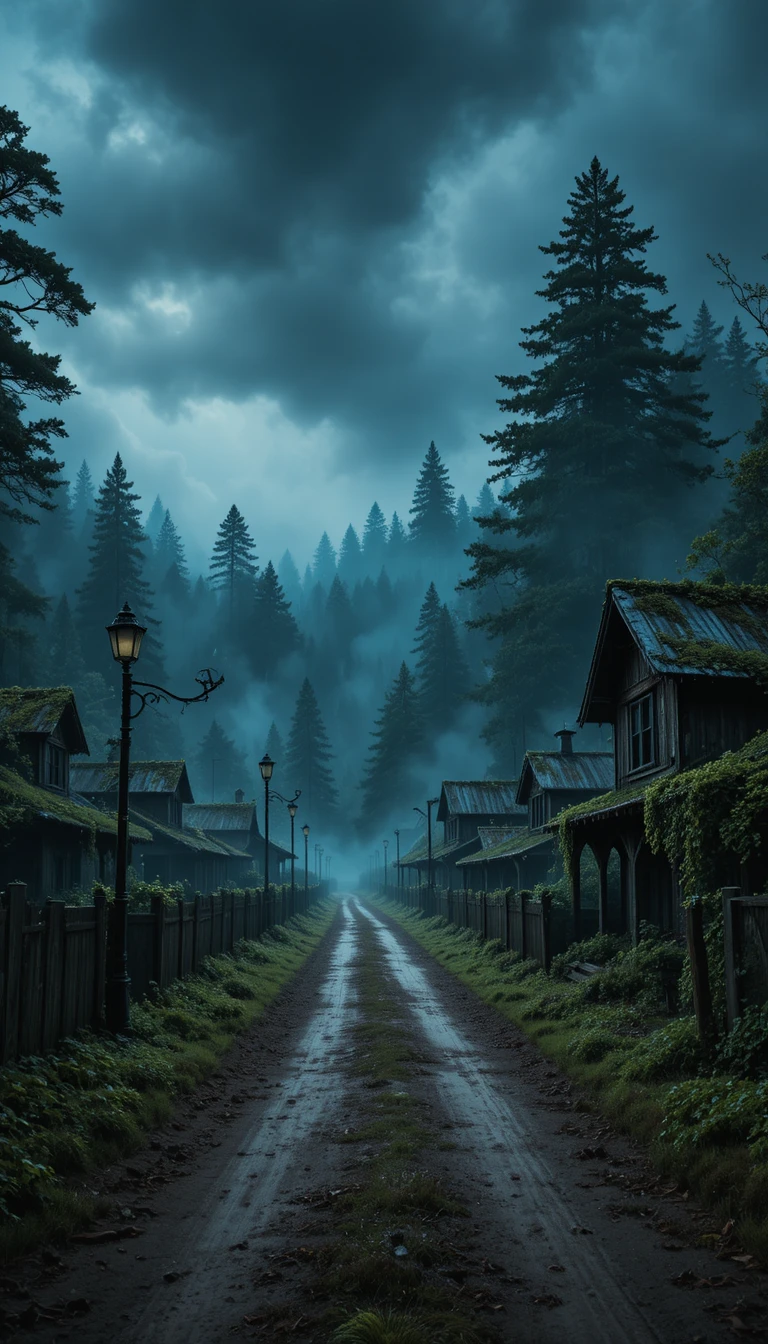 Lonely dirt road leading into an abandoned forest village