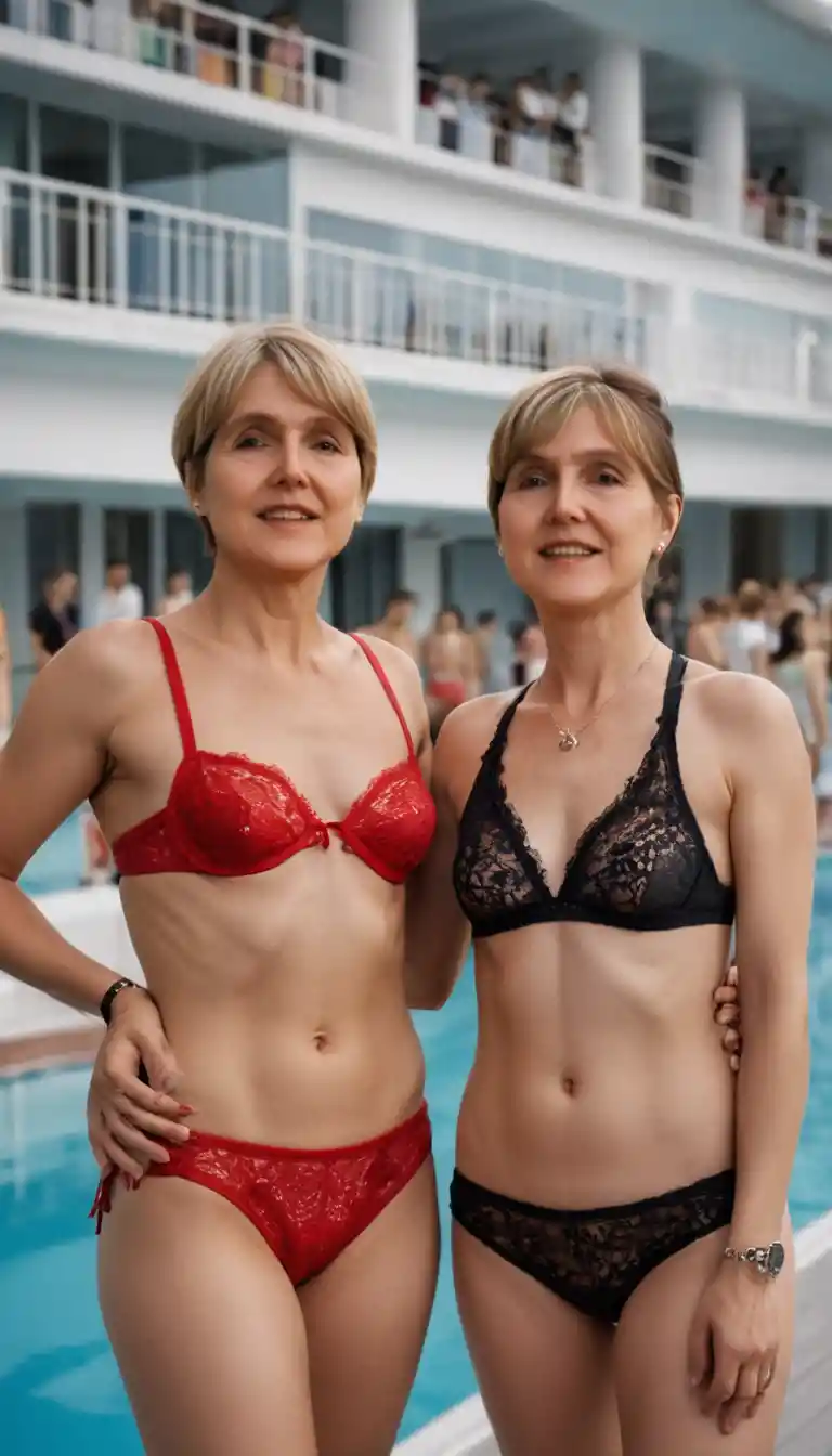 Two women in bikinis on a crowded cruise pool deck